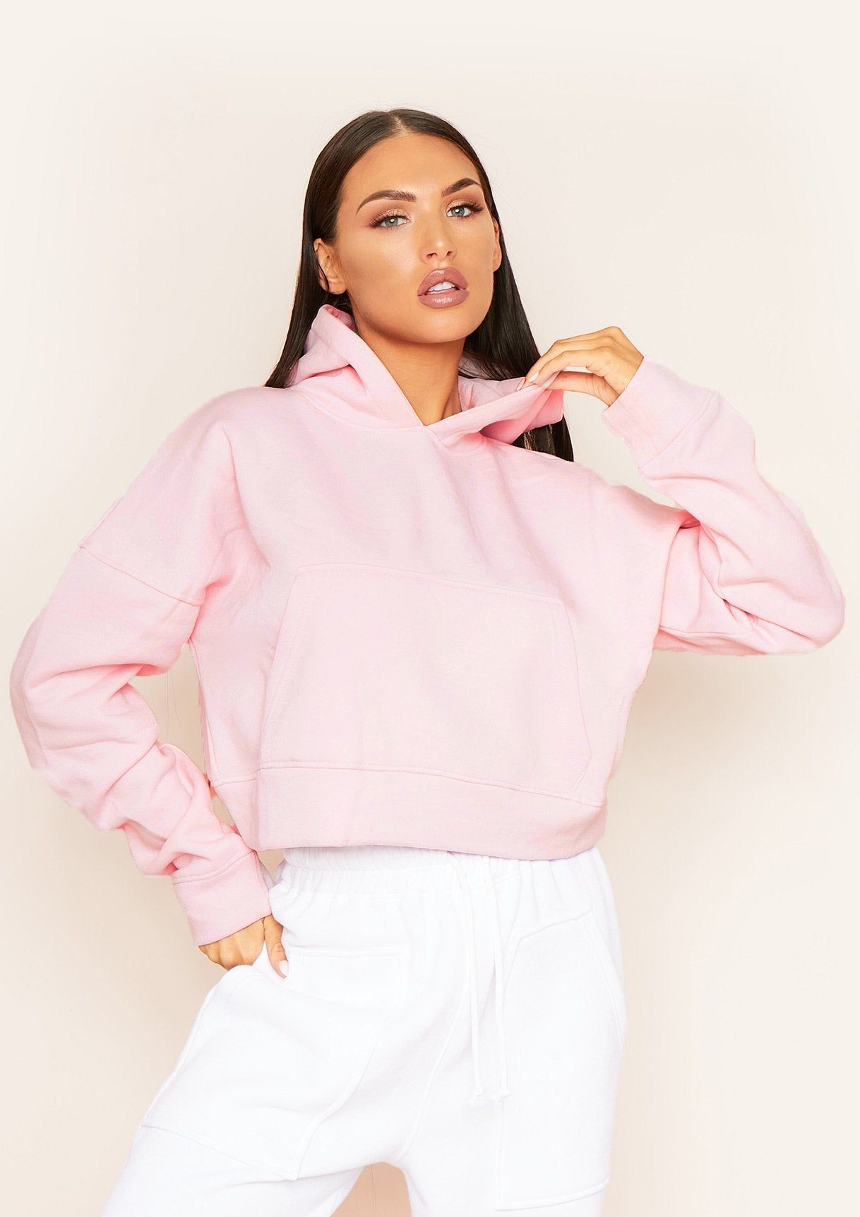 Alina Pink Pocket Front Cropped Hoodie sold by Missy Empire