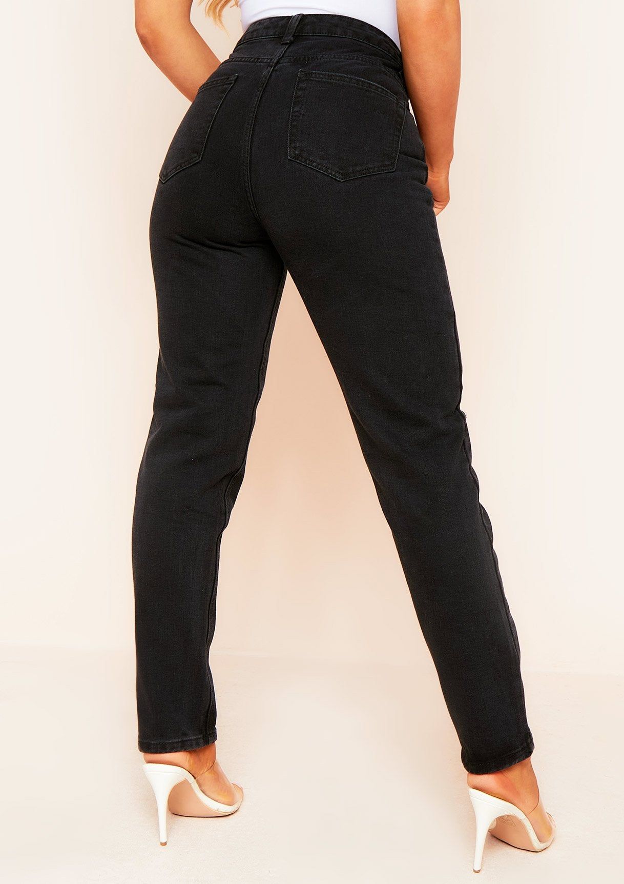 Kaydi Denim Black Knee Ripped Wash Mom Jeans sold by Missy Empire product image thumbnail 3