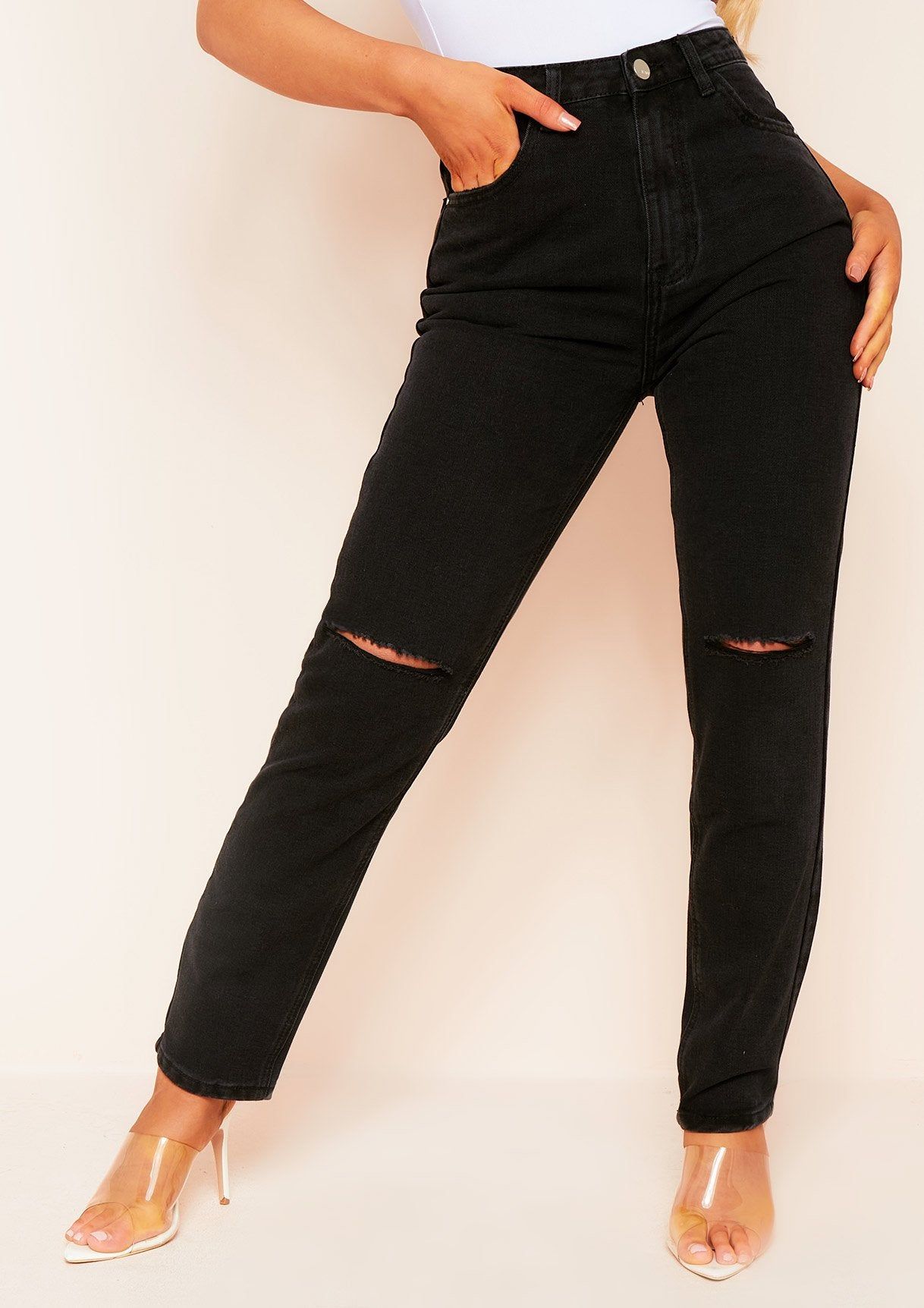 Kaydi Denim Black Knee Ripped Wash Mom Jeans sold by Missy Empire product image thumbnail 2