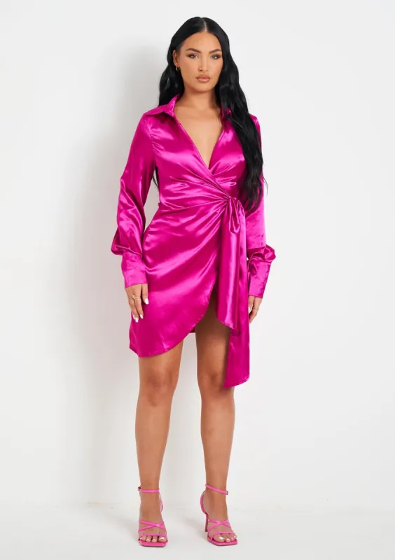 Mira Pink Satin Tie Waist Wrap Plunge Mini Dress sold by Missy Empire