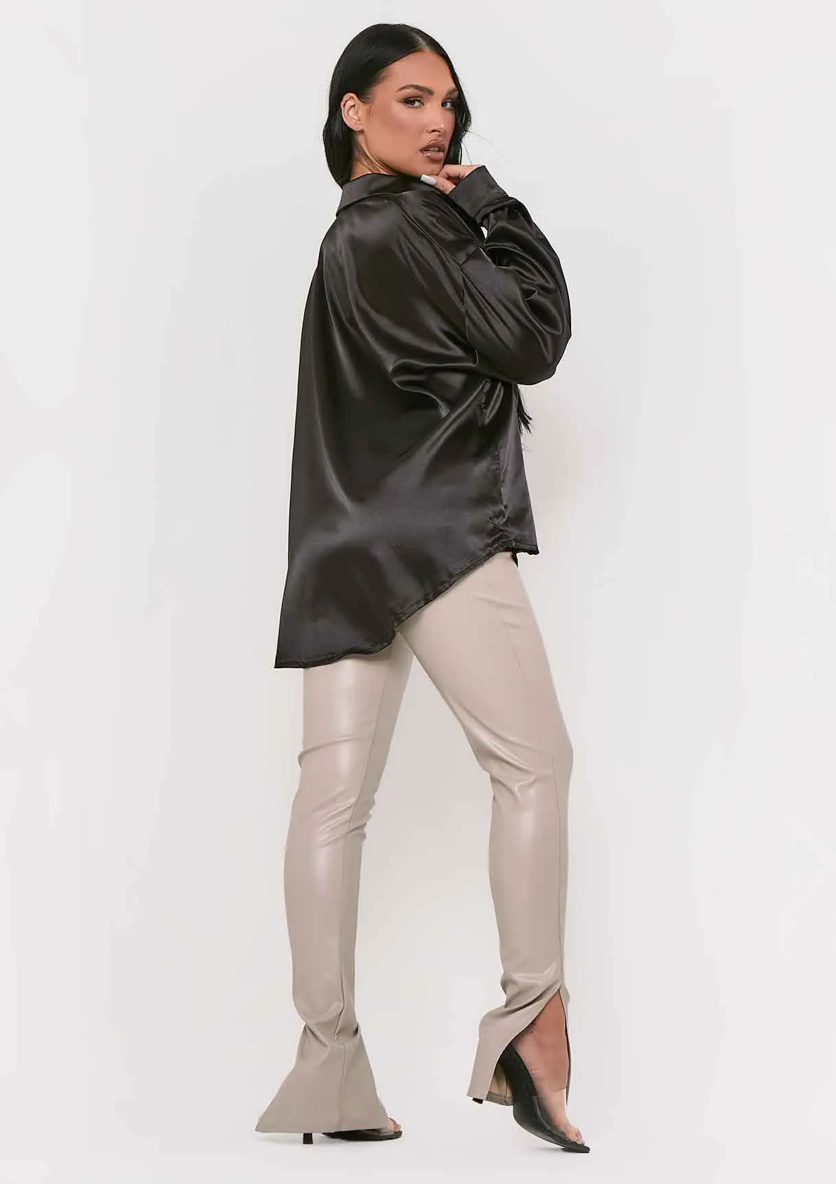 Jessica Black Oversized Thick Satin Button Through Shirt sold by Missy Empire product image thumbnail 3