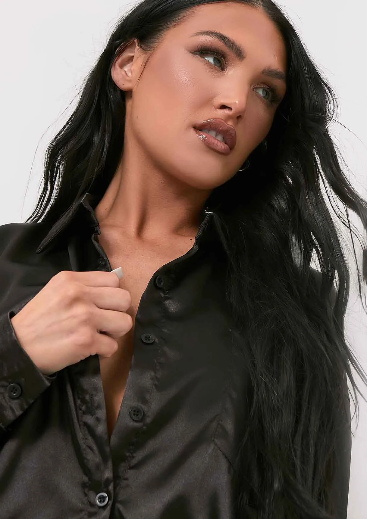 Jessica Black Oversized Thick Satin Button Through Shirt sold by Missy Empire product image thumbnail 2