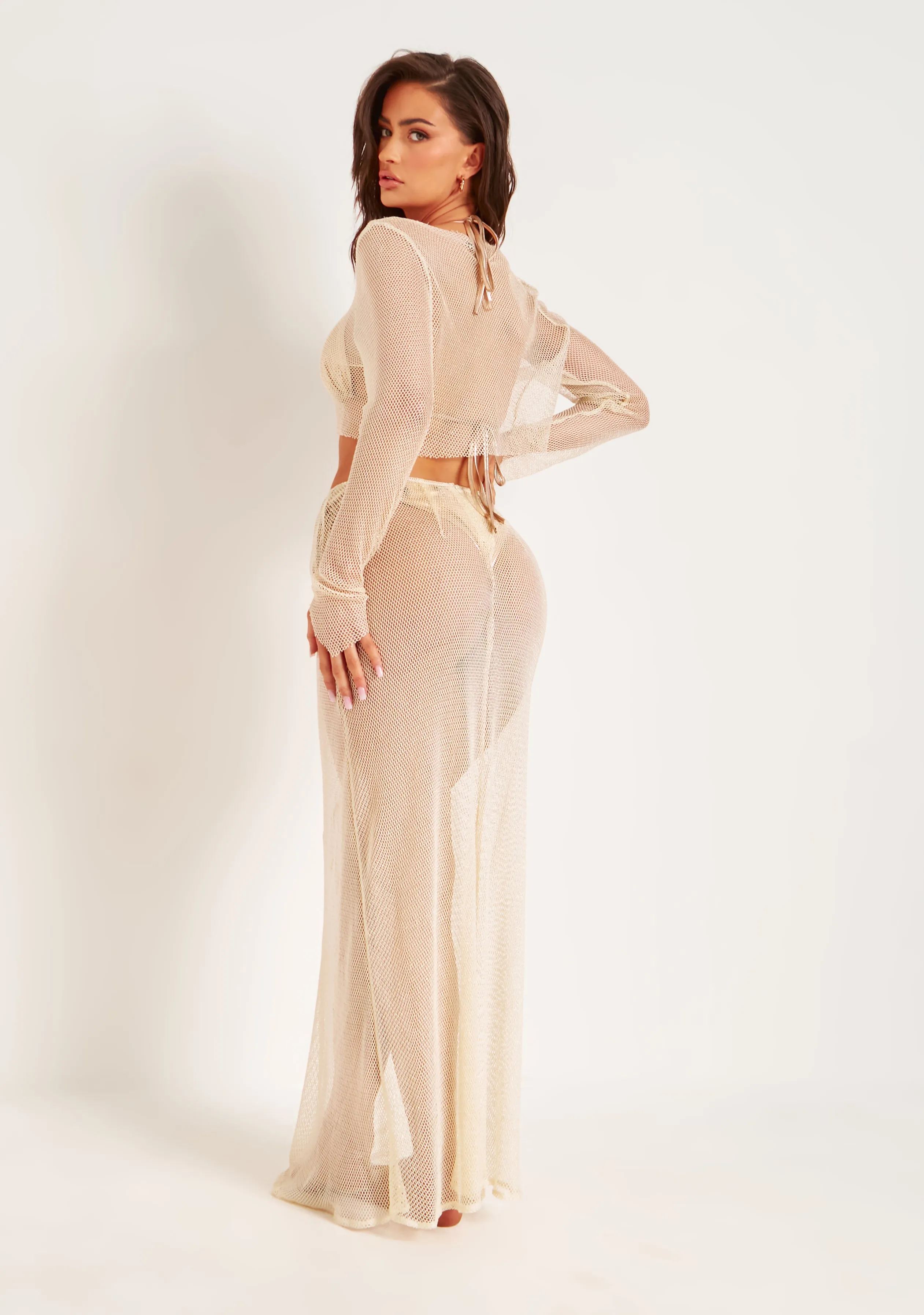 Alani Beige Lurex Shimmer Fishnet Mesh Maxi Skirt sold by Missy Empire product image thumbnail 3
