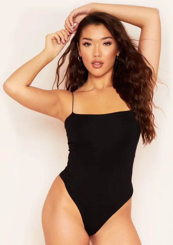 Derri Black Spaghetti Strap Double Thickness Jersey Bodysuit sold by Missy Empire