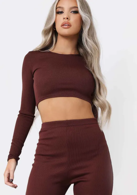 Anila Chocolate Long Sleeve Thick Bandage Rib Crop Top made by Missy Empire