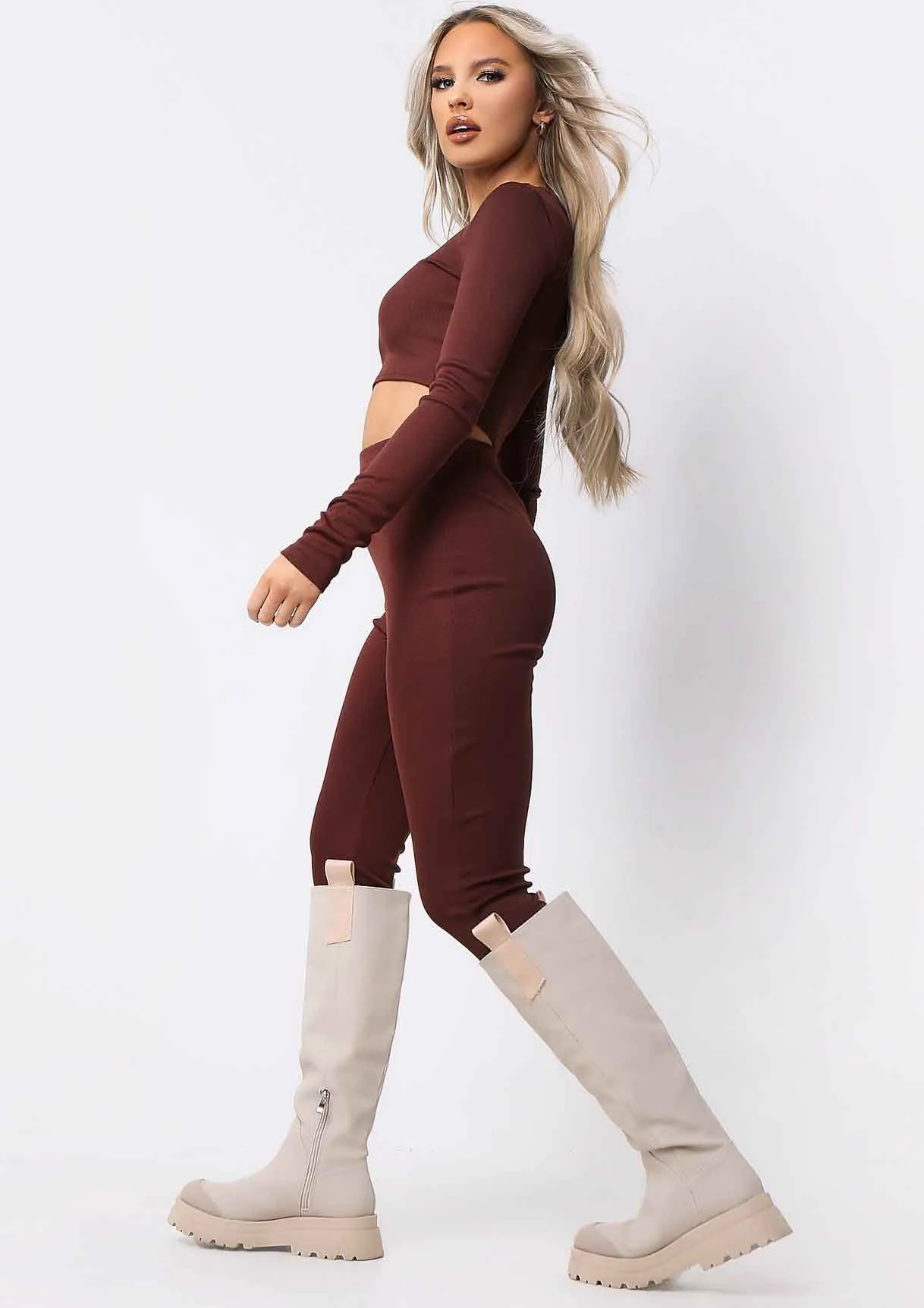 Anila Chocolate Long Sleeve Thick Bandage Rib Crop Top sold by Missy Empire product image thumbnail 3