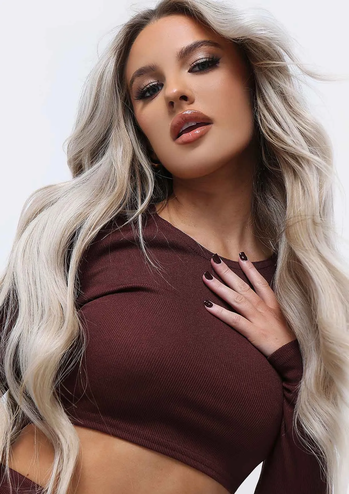 Anila Chocolate Long Sleeve Thick Bandage Rib Crop Top sold by Missy Empire product image thumbnail 2