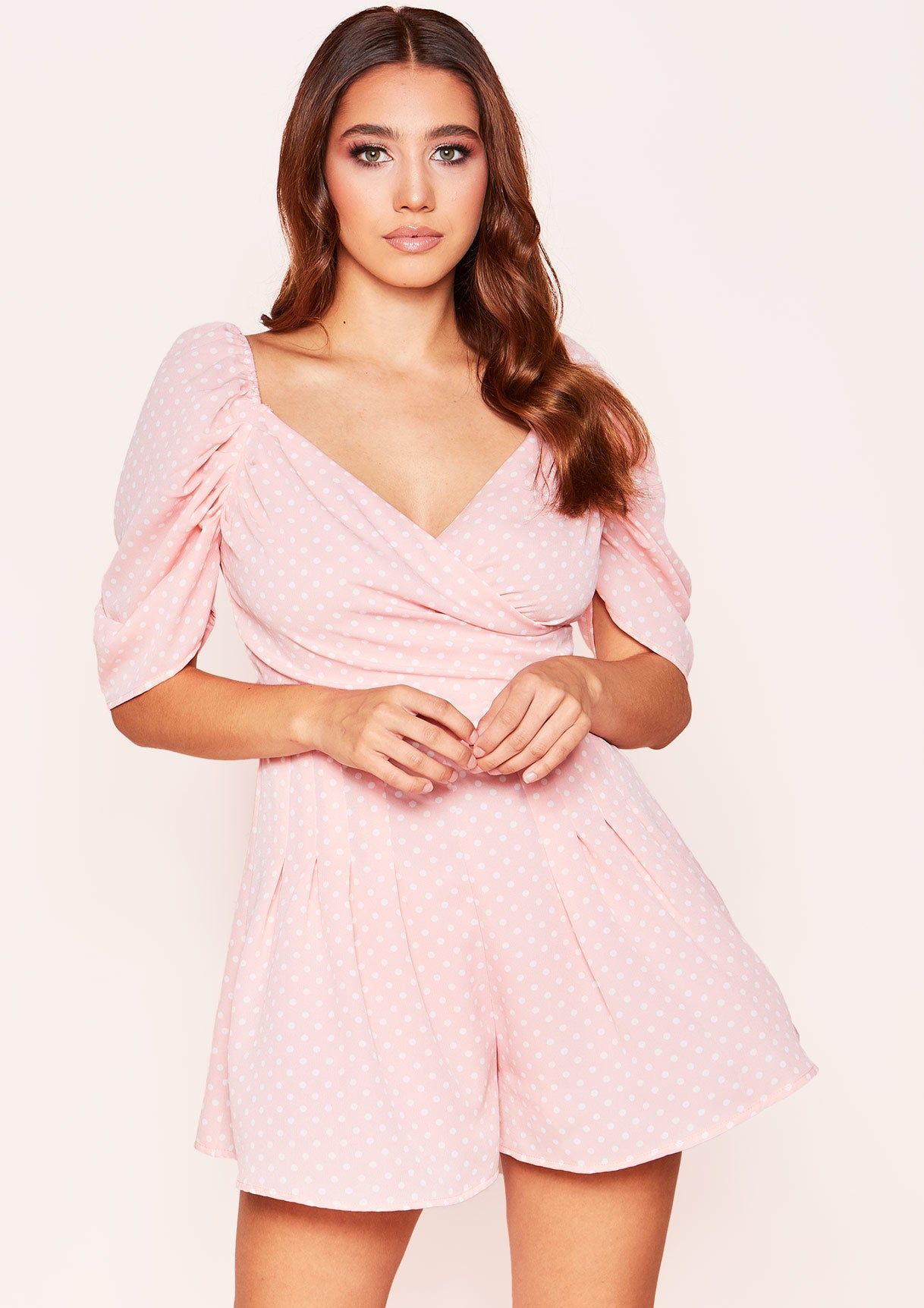 Ivy Pink Polkadot Wrap Playsuit sold by Missy Empire