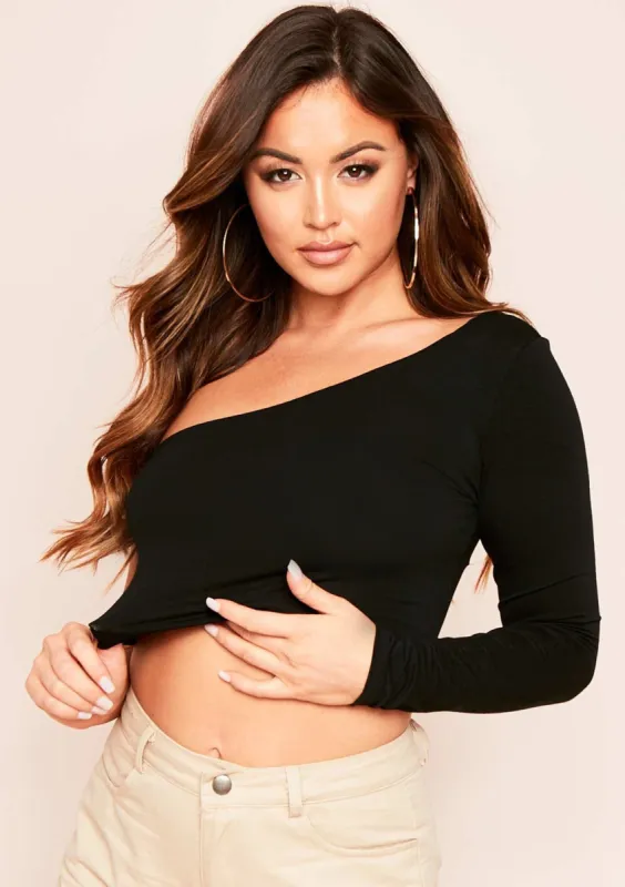 Siara Black One Shoulder Long Sleeve Crop Top sold by Missy Empire