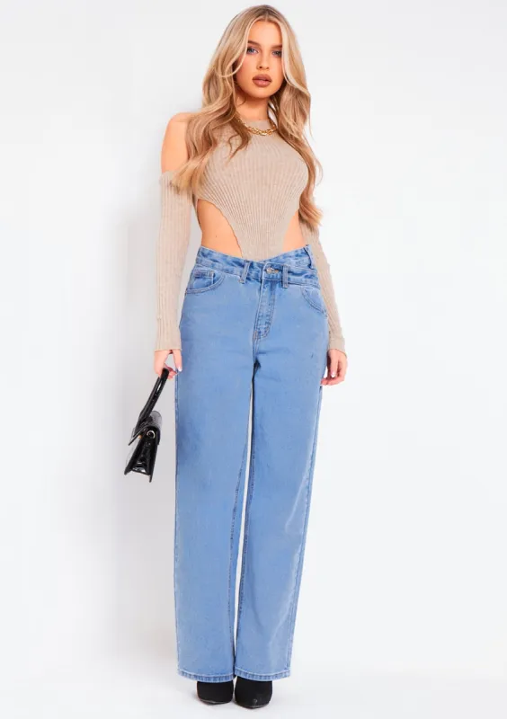 Layna Beige Rib Knitted High Leg Bodysuit With Sleeves sold by Missy Empire