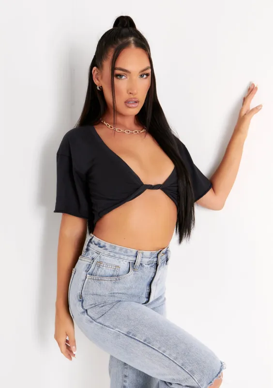 Talia Black Cap Sleeve Twist Front Plunge Crop Top made by Missy Empire