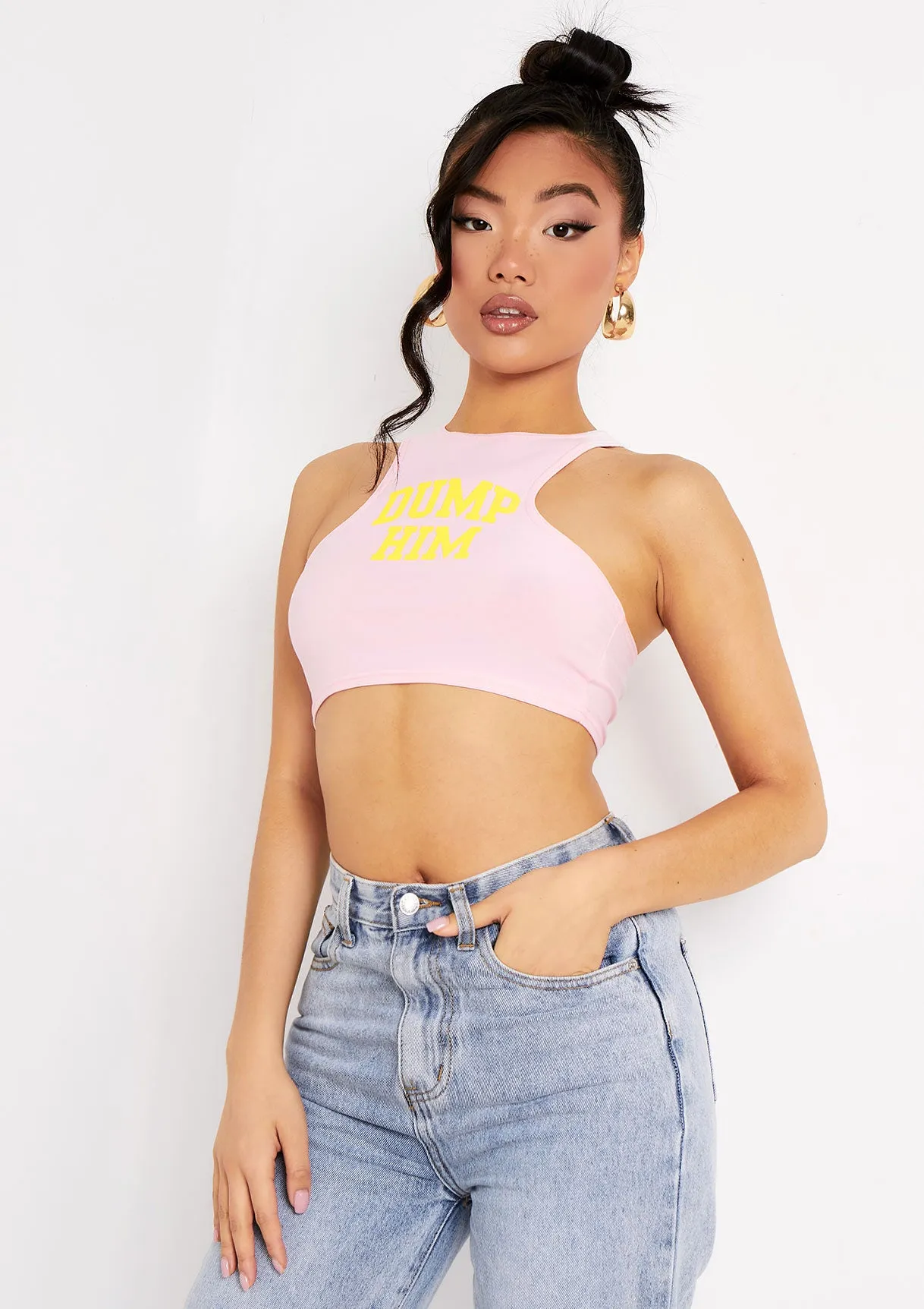 Sian Pink Dump Him Slogan Racer Crop Top sold by Missy Empire