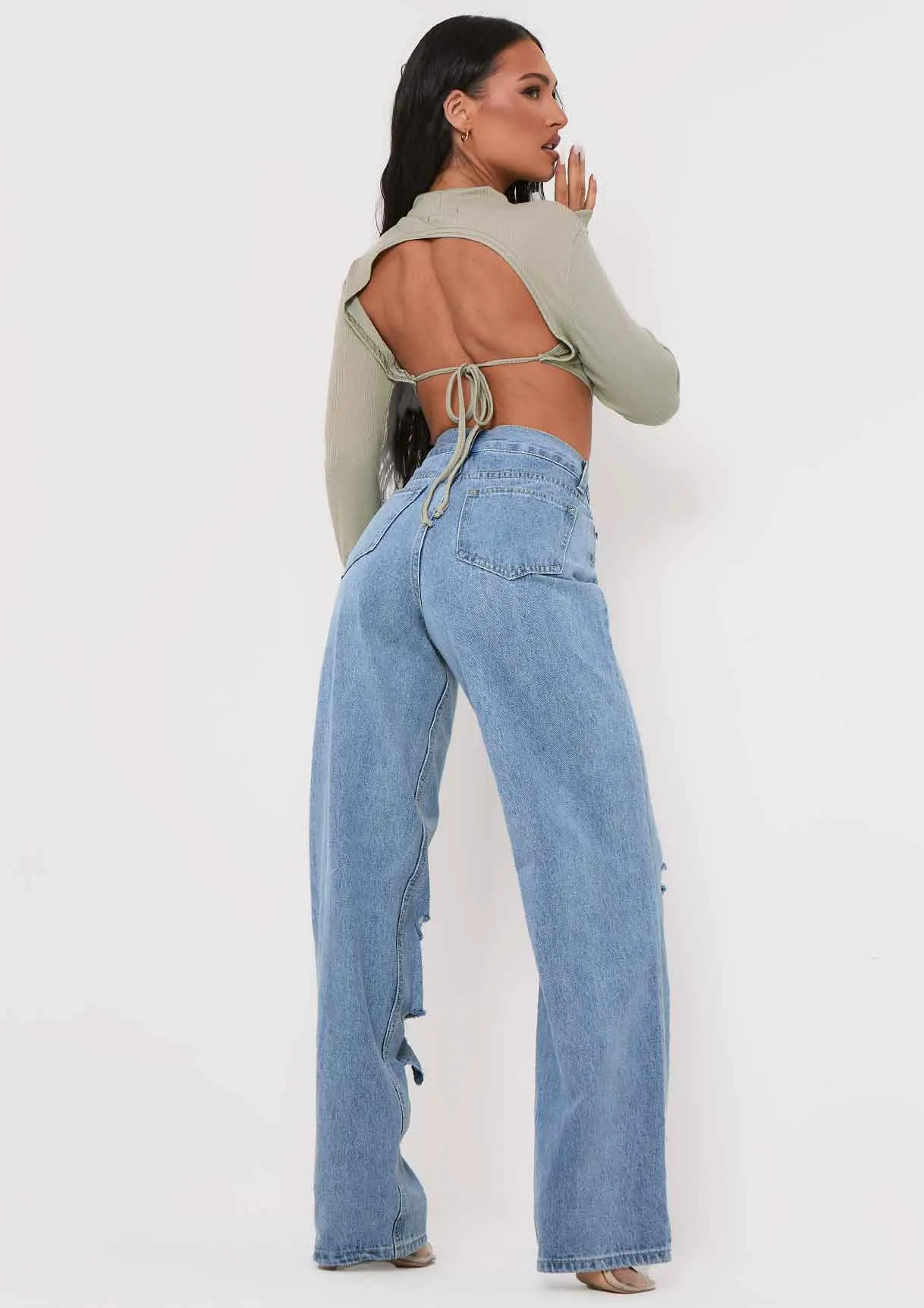 Roderiga Sage Ribbed High Neck Tie Back Crop Top sold by Missy Empire product image thumbnail 3