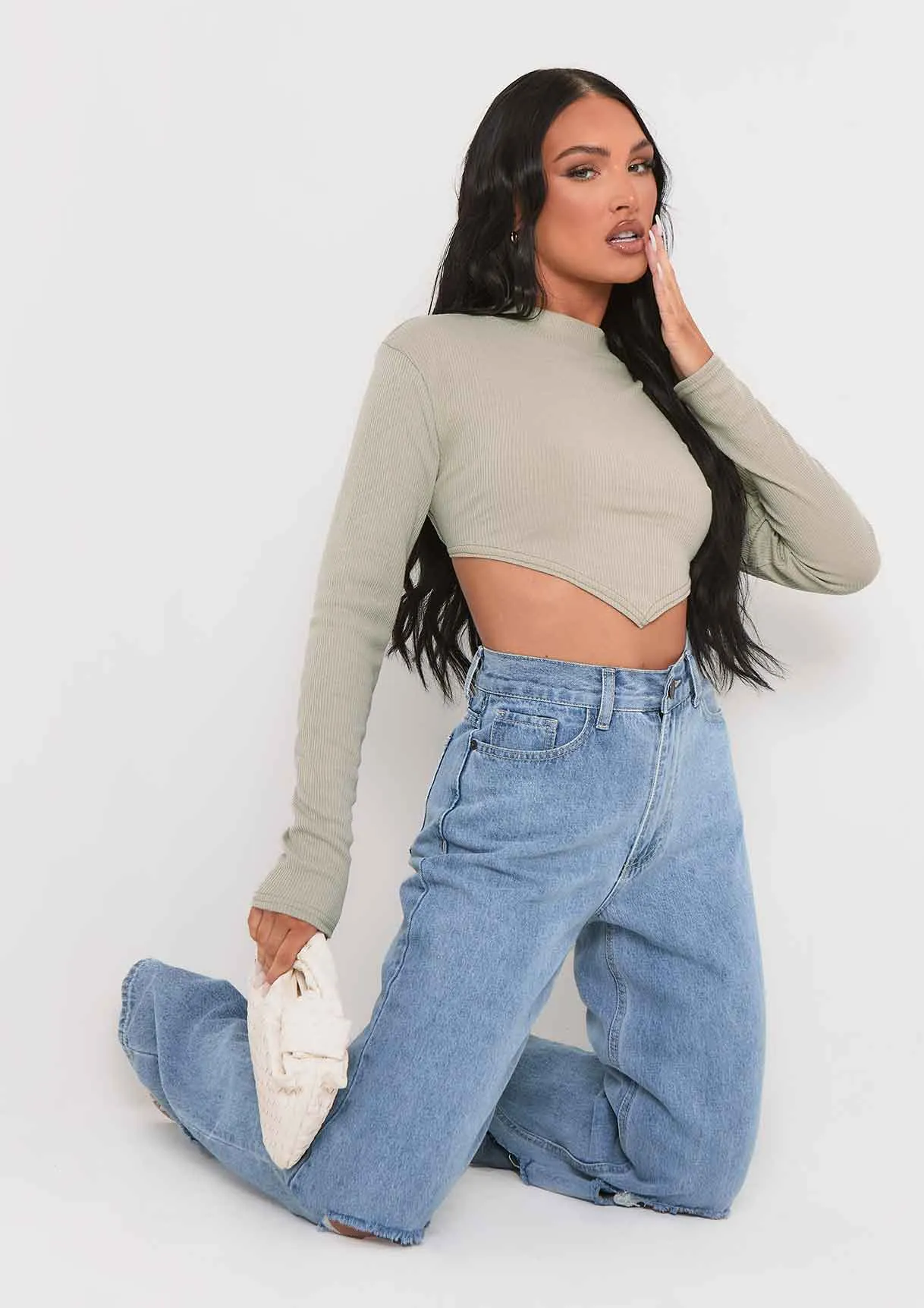 Roderiga Sage Ribbed High Neck Tie Back Crop Top sold by Missy Empire product image thumbnail 4