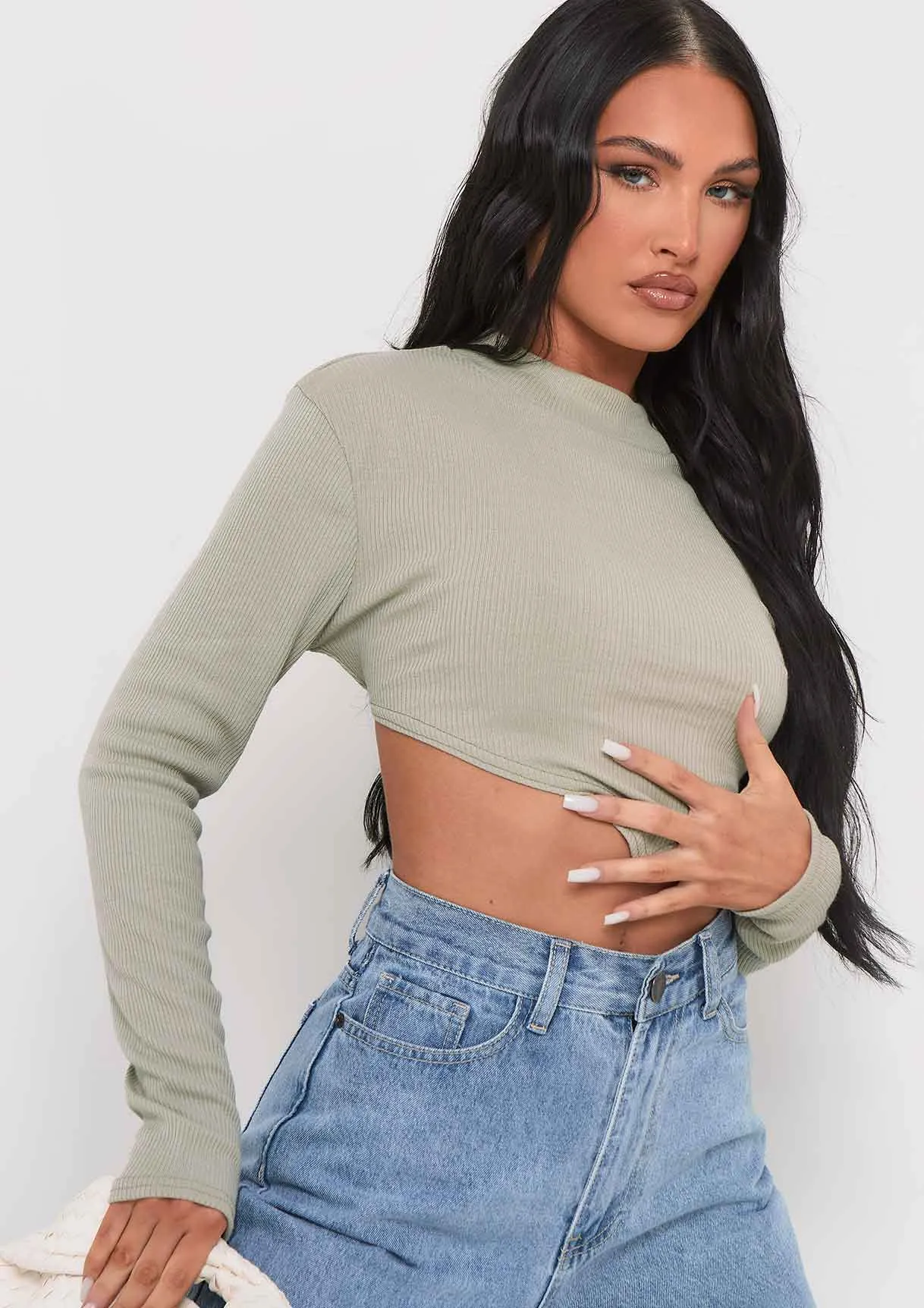 Roderiga Sage Ribbed High Neck Tie Back Crop Top sold by Missy Empire product image thumbnail 2