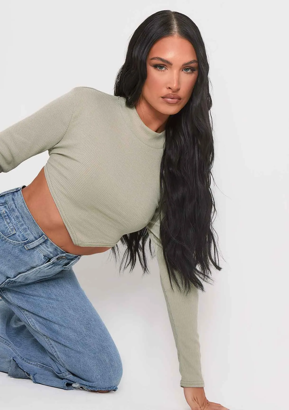 Roderiga Sage Ribbed High Neck Tie Back Crop Top sold by Missy Empire