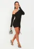Kay Black Double Layer Asymmetric Neck Slinky Ruched Mini Dress sold by Missy Empire
