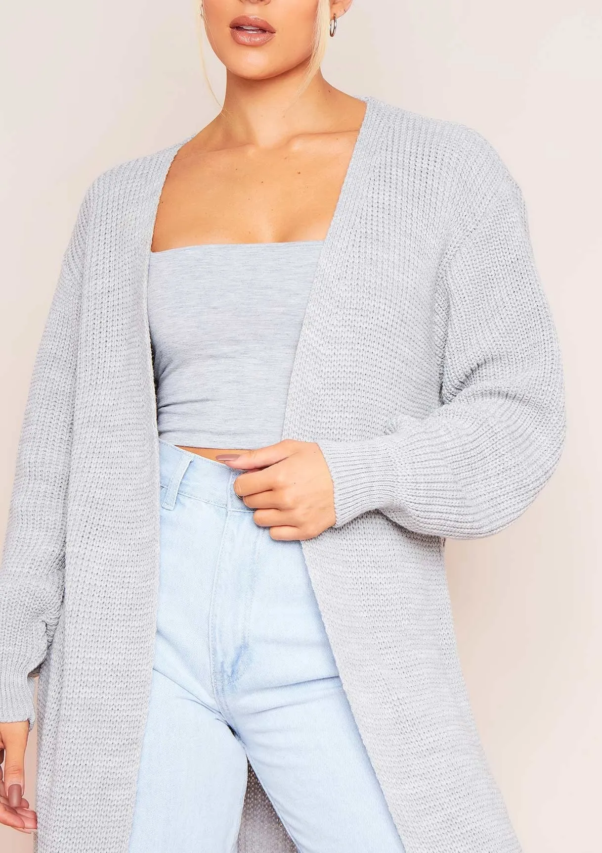 Addie Light Grey Longline Knit Cardigan sold by Missy Empire product image thumbnail 2