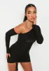 Kay Black Double Layer Asymmetric Neck Slinky Ruched Mini Dress sold by Missy Empire