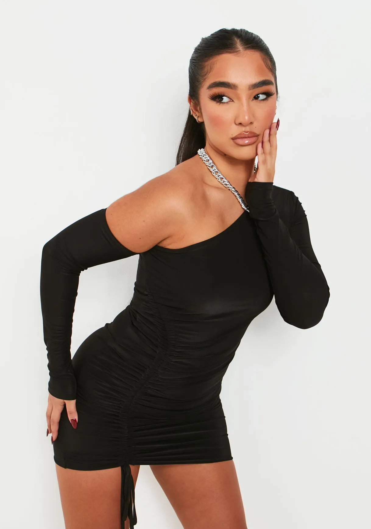 Kay Black Double Layer Asymmetric Neck Slinky Ruched Mini Dress sold by Missy Empire product image thumbnail 2