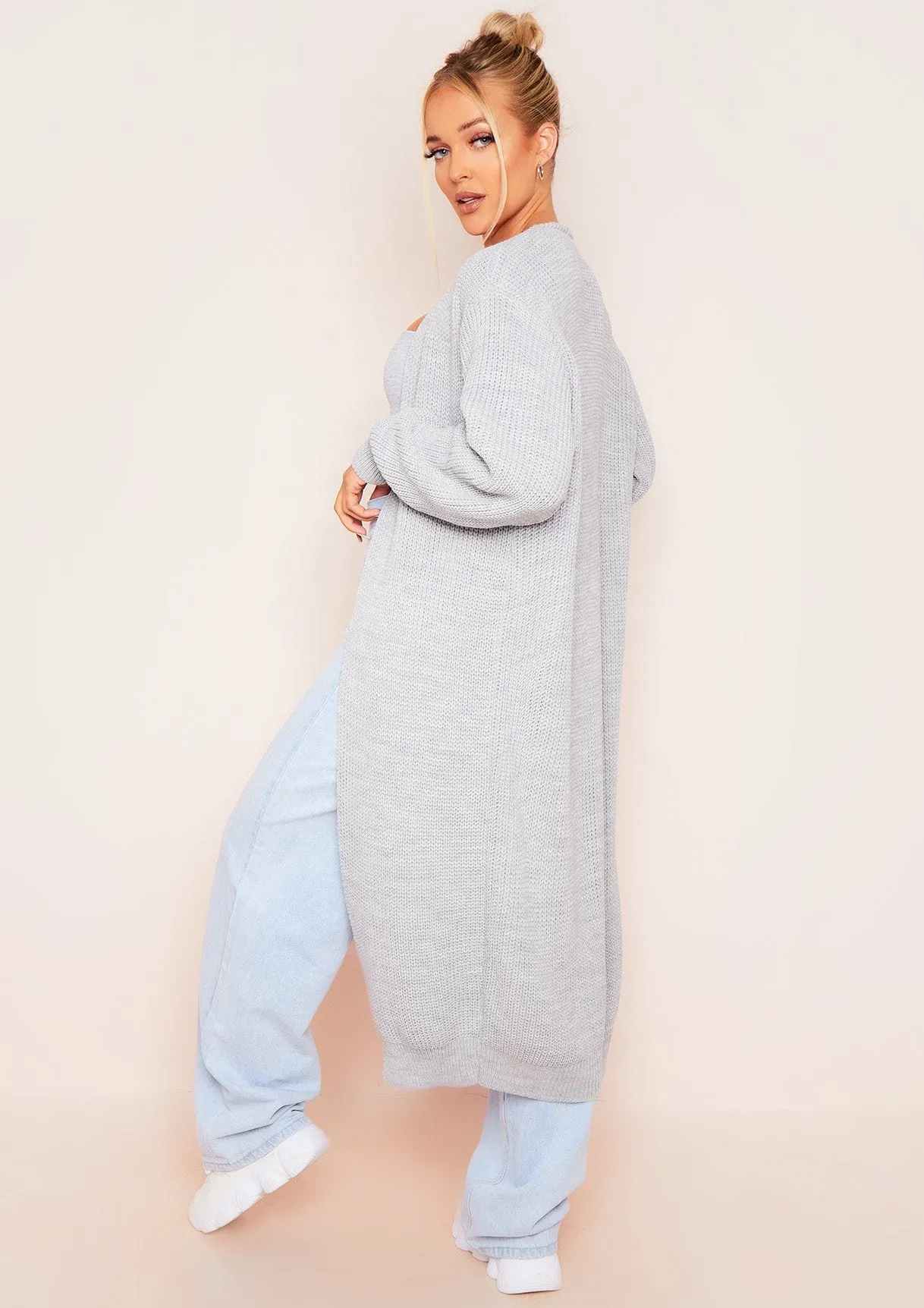 Addie Light Grey Longline Knit Cardigan sold by Missy Empire