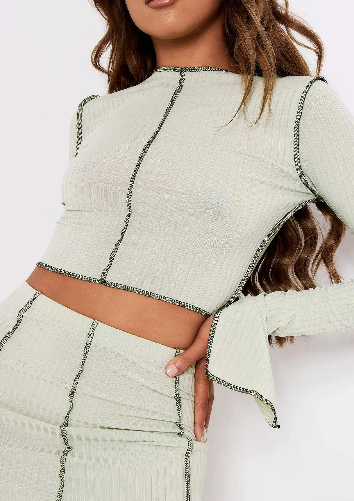 Rae Sage Contrast Stitch Slit Sleeve Ribbed Crop Top sold by Missy Empire product image thumbnail 3