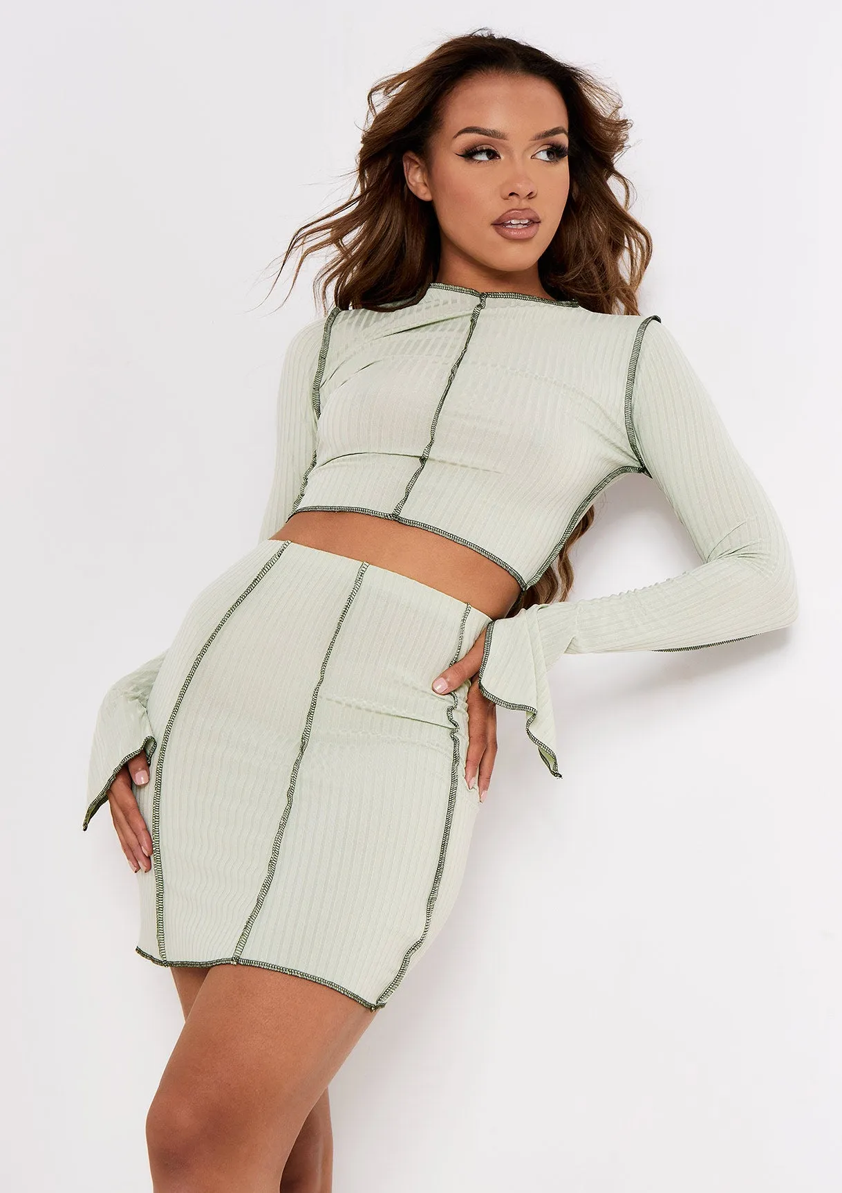 Rae Sage Contrast Stitch Slit Sleeve Ribbed Crop Top sold by Missy Empire