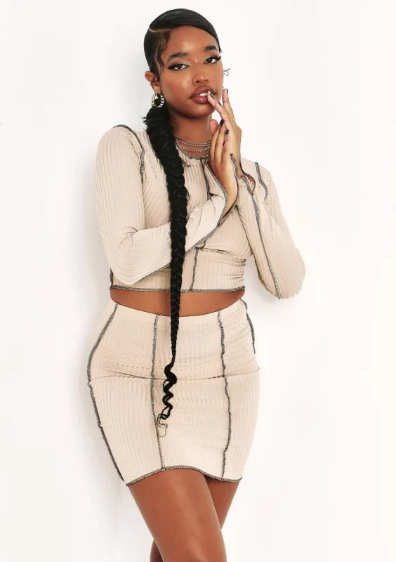 Rae Stone Contrast Stitch Slit Sleeve Ribbed Crop Top sold by Missy Empire