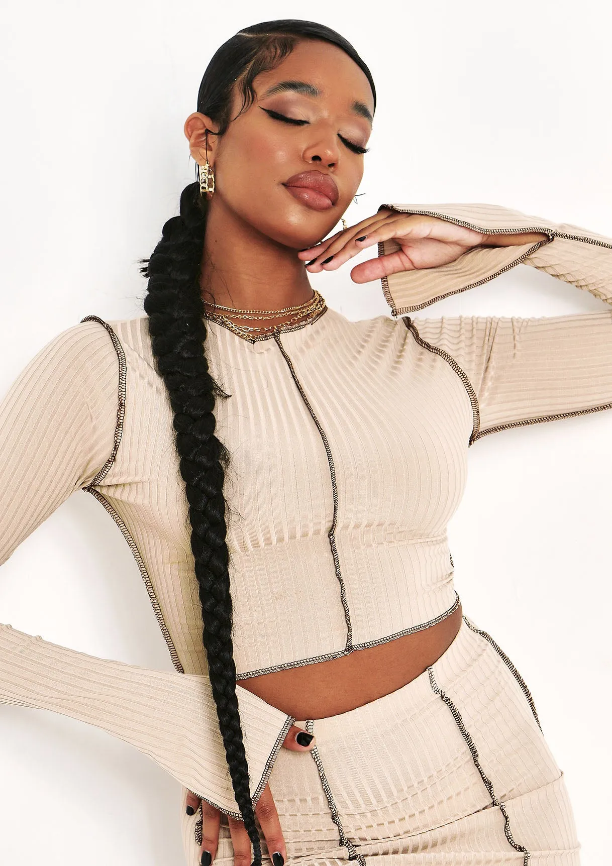 Rae Stone Contrast Stitch Slit Sleeve Ribbed Crop Top sold by Missy Empire product image thumbnail 4