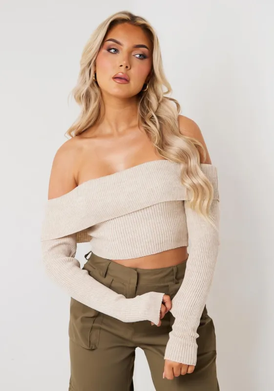 Callie Oatmeal Fold Over Knitted Crop Top sold by Missy Empire