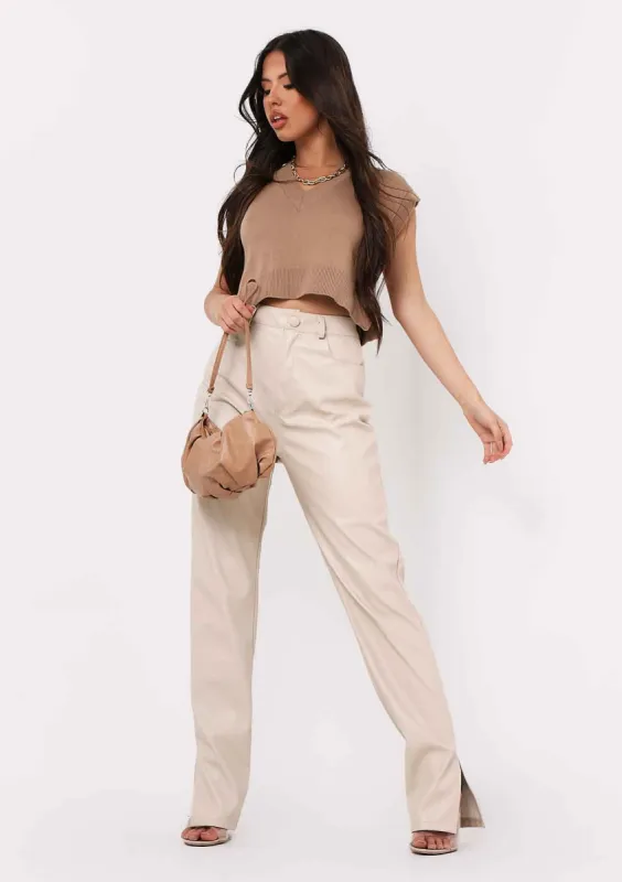 Ezra Mocha V Neck Wide Fit Cropped Knitted Vest sold by Missy Empire