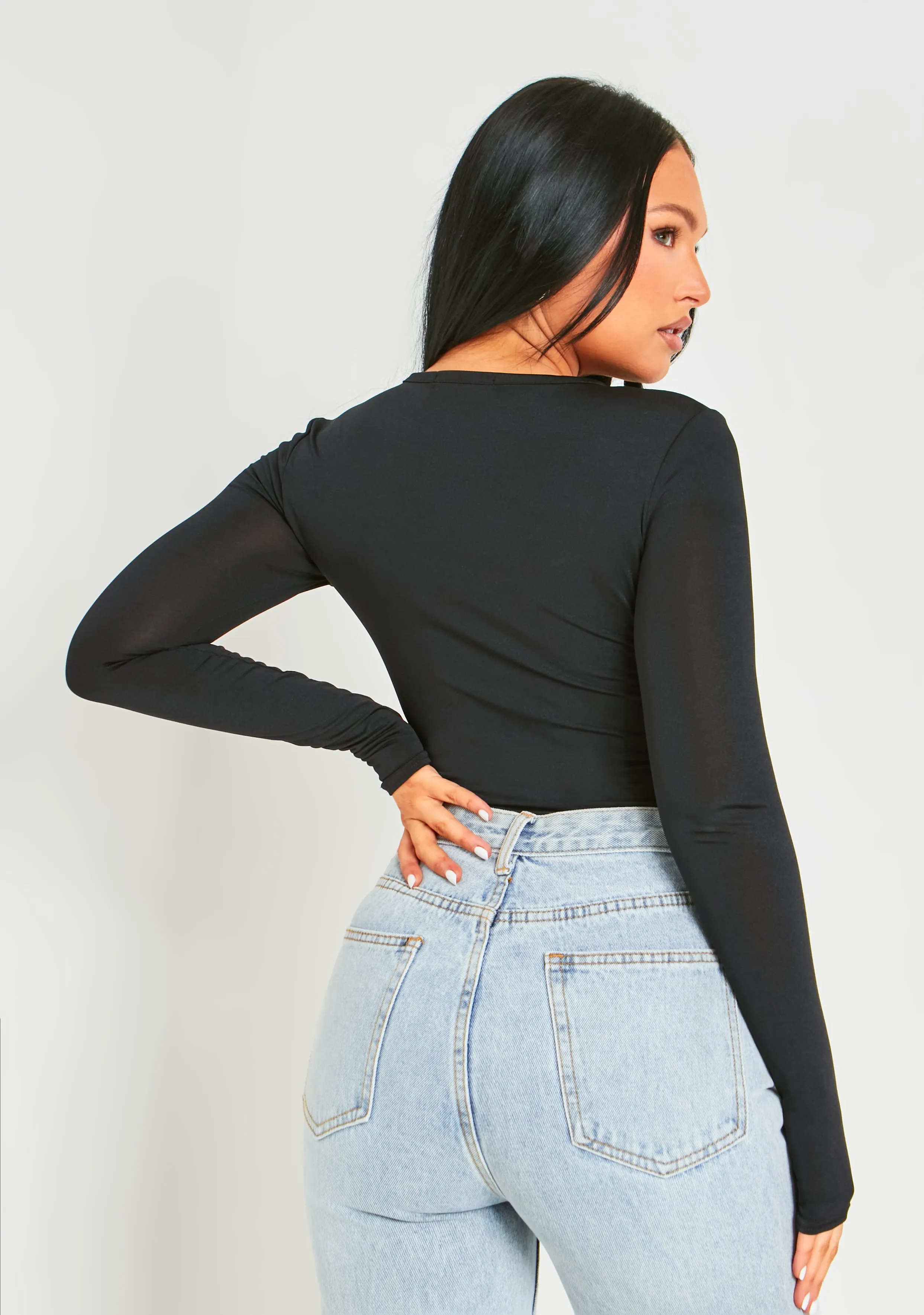 Bronte Black Cut Out Asymmetric Long Sleeve Bodysuit sold by Missy Empire product image thumbnail 3