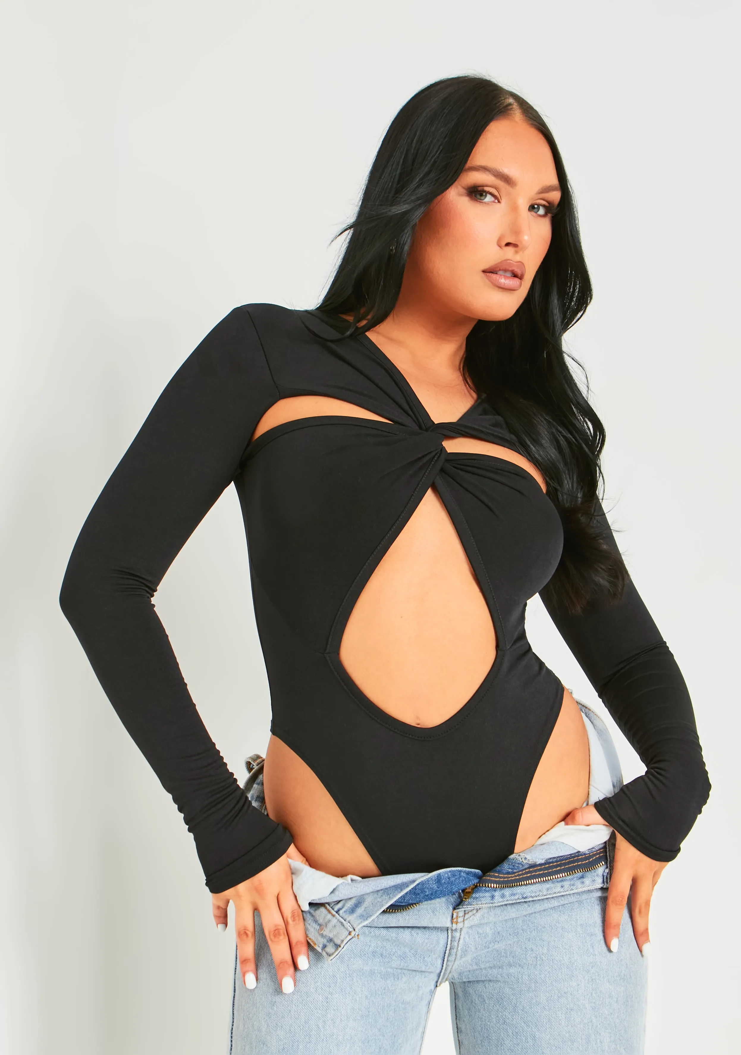 Bronte Black Cut Out Asymmetric Long Sleeve Bodysuit sold by Missy Empire product image thumbnail 4
