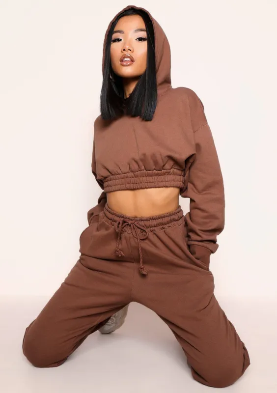 Hannah Chocolate Cropped Elasticated Hem Hoodie sold by Missy Empire
