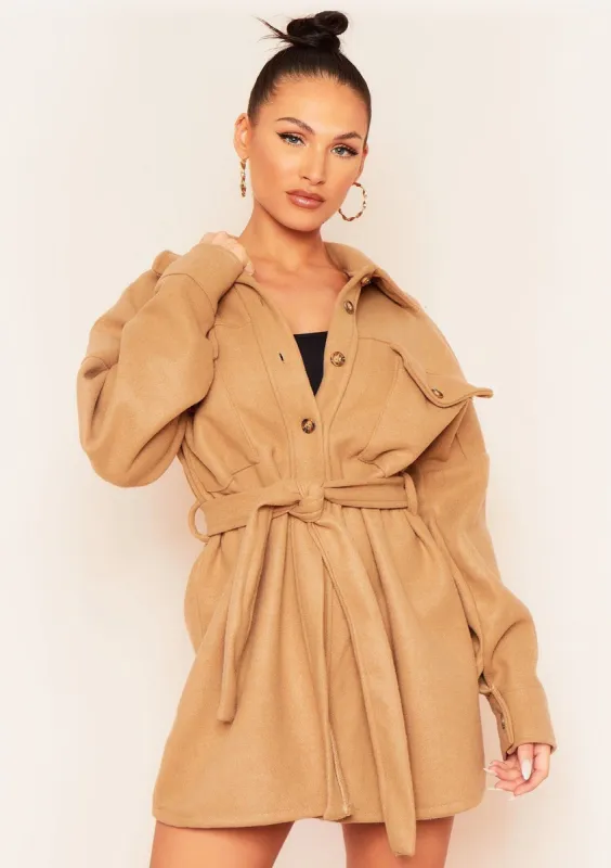 Sophia Beige Belted Pocket Detail Shacket sold by Missy Empire