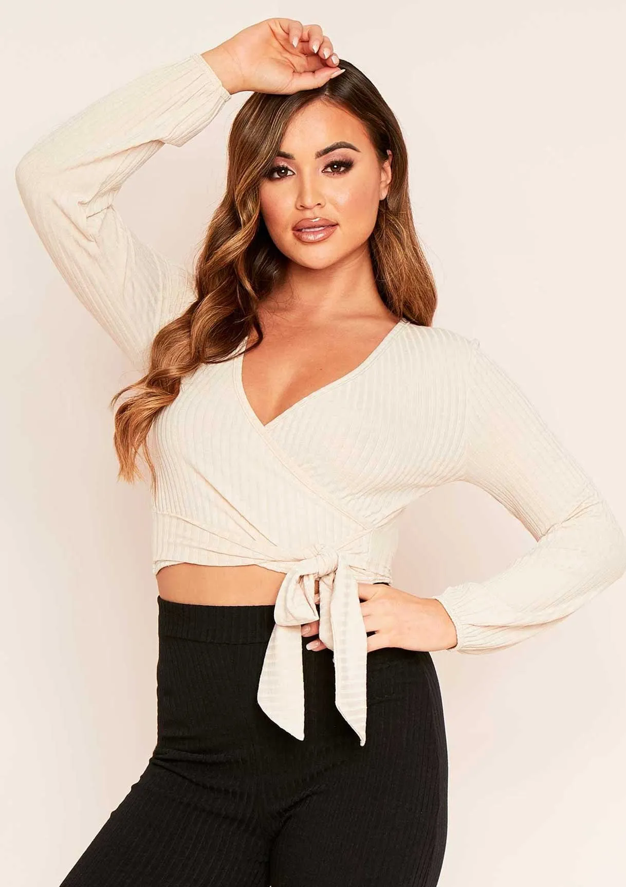 Bella Beige Wrap Front Ribbed Top sold by Missy Empire