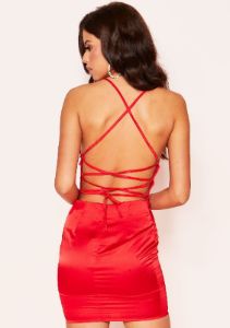 Aisha Red Cowl Lace Up Back Mini Dress sold by Missy Empire