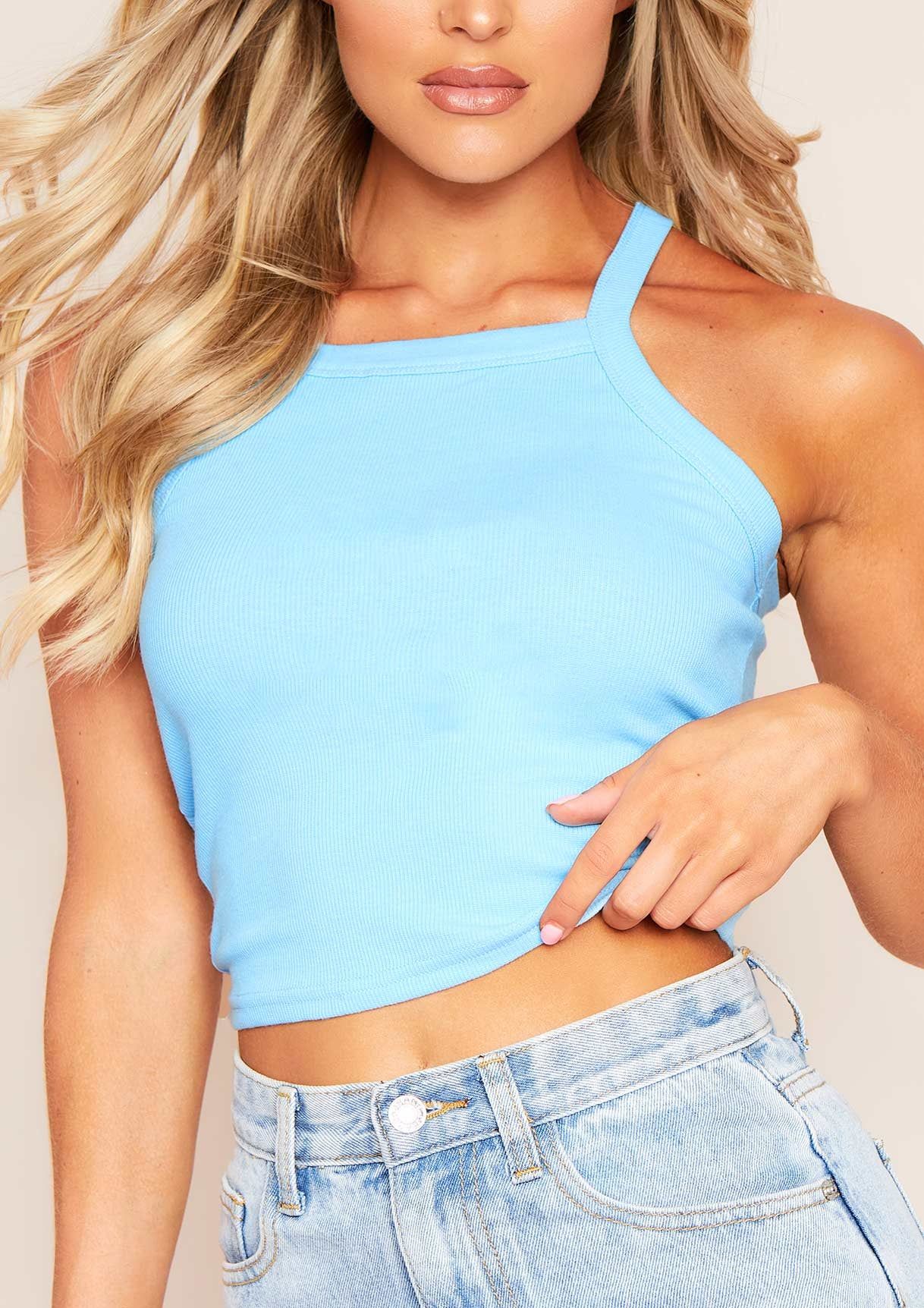 Demi Blue Ribbed Racer Crop Top sold by Missy Empire product image thumbnail 3