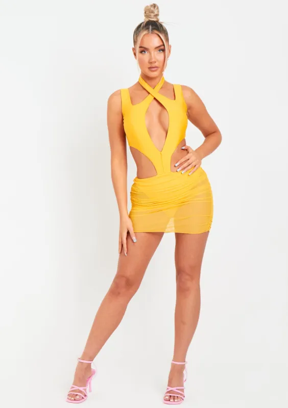 Shalae Orange Extreme Cut Out Mesh Skirt Mini Dress made by Missy Empire