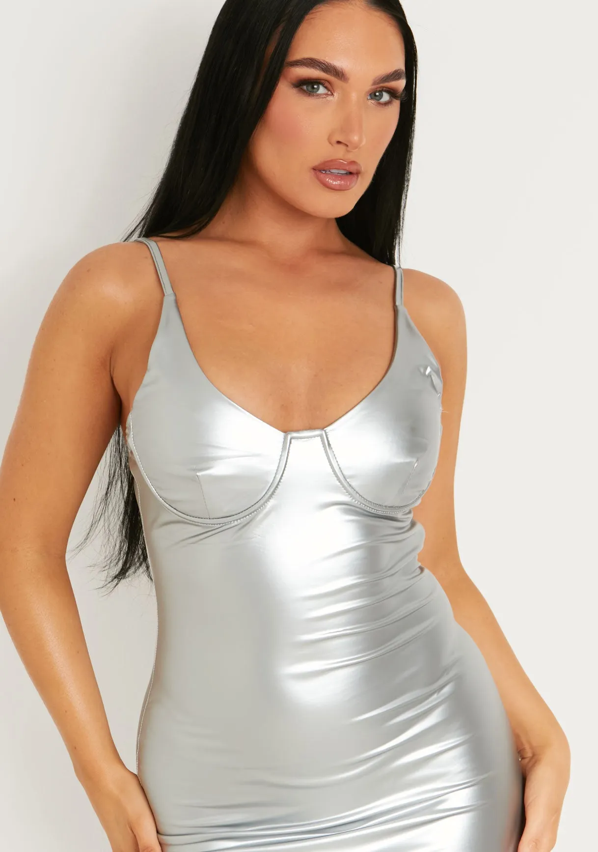 Mikayla Silver Leather Look Strappy Metallic Maxi Dress With Side Split sold by Missy Empire product image thumbnail 2