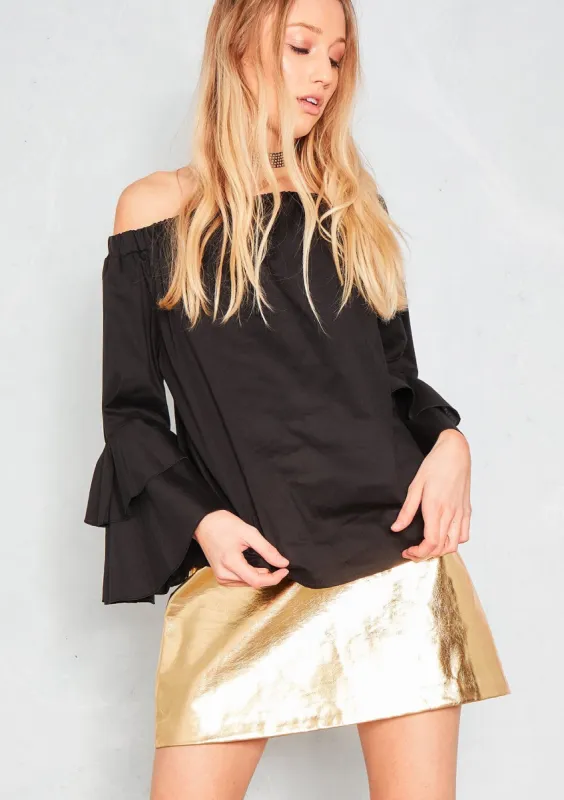 Ora Black Ruffle Sleeve Bardot Top made by Missy Empire