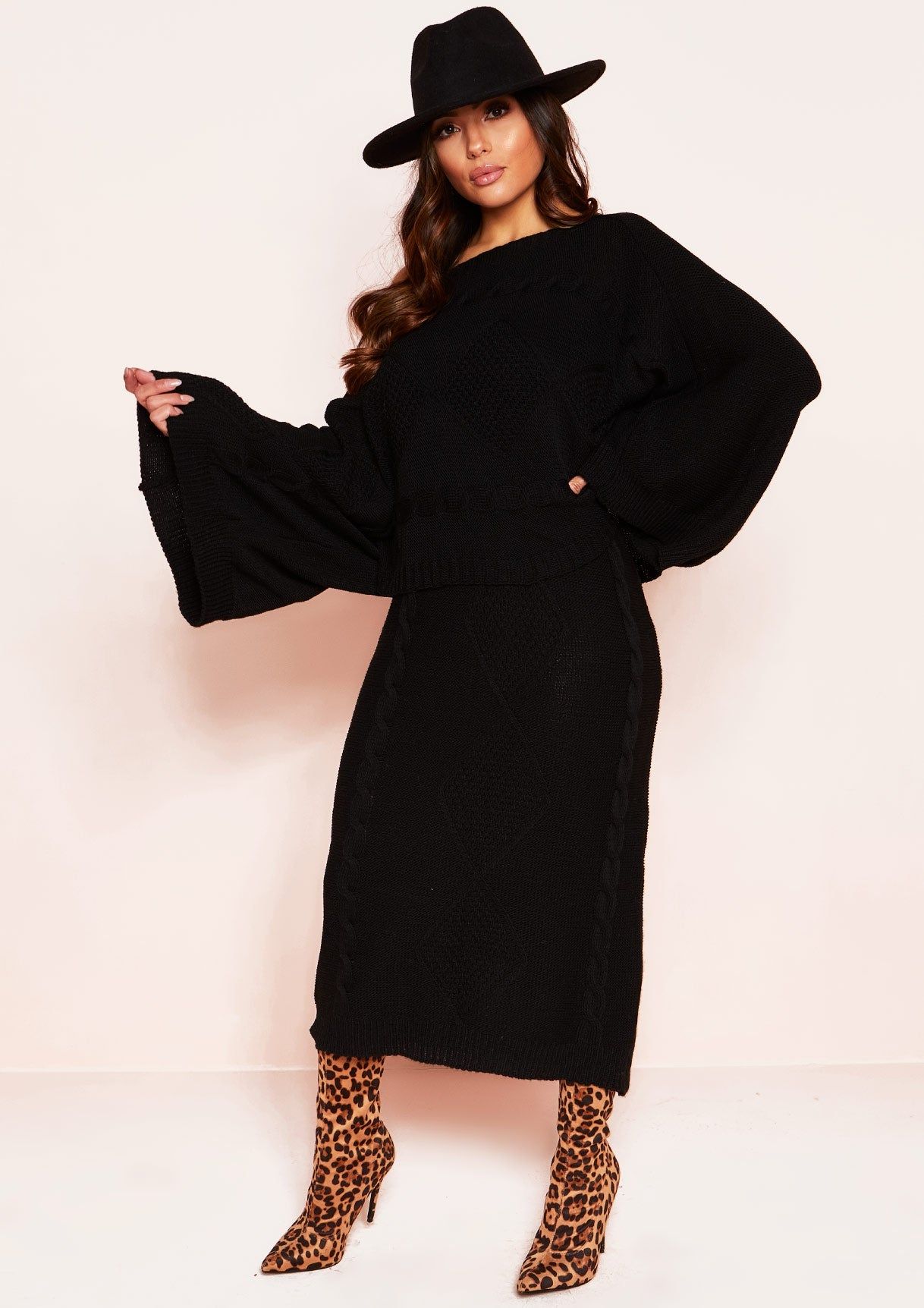Abbey Black Cable Knit Wide Sleeve Co-ord Set sold by Missy Empire