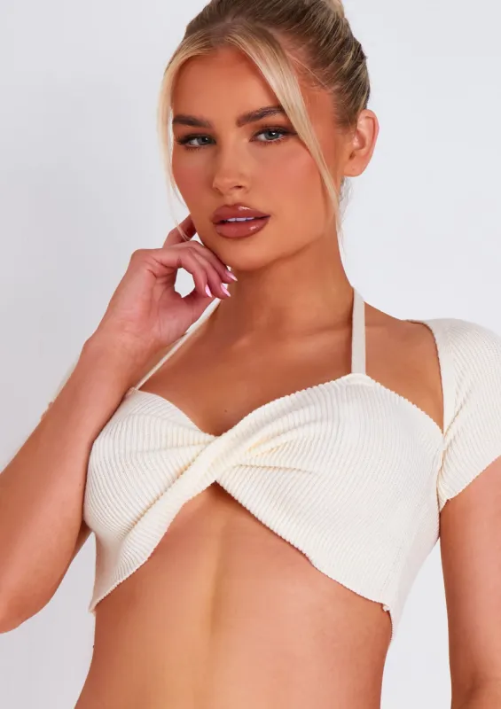 Anna Ivory Twist Front Cap Sleeve Crop Top sold by Missy Empire