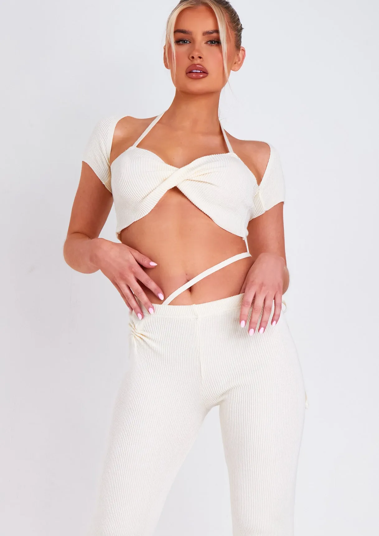 Anna Ivory Twist Front Cap Sleeve Crop Top sold by Missy Empire product image thumbnail 2