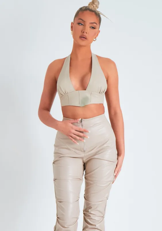Romy Beige PU Cropped Corset Halterneck Top made by Missy Empire
