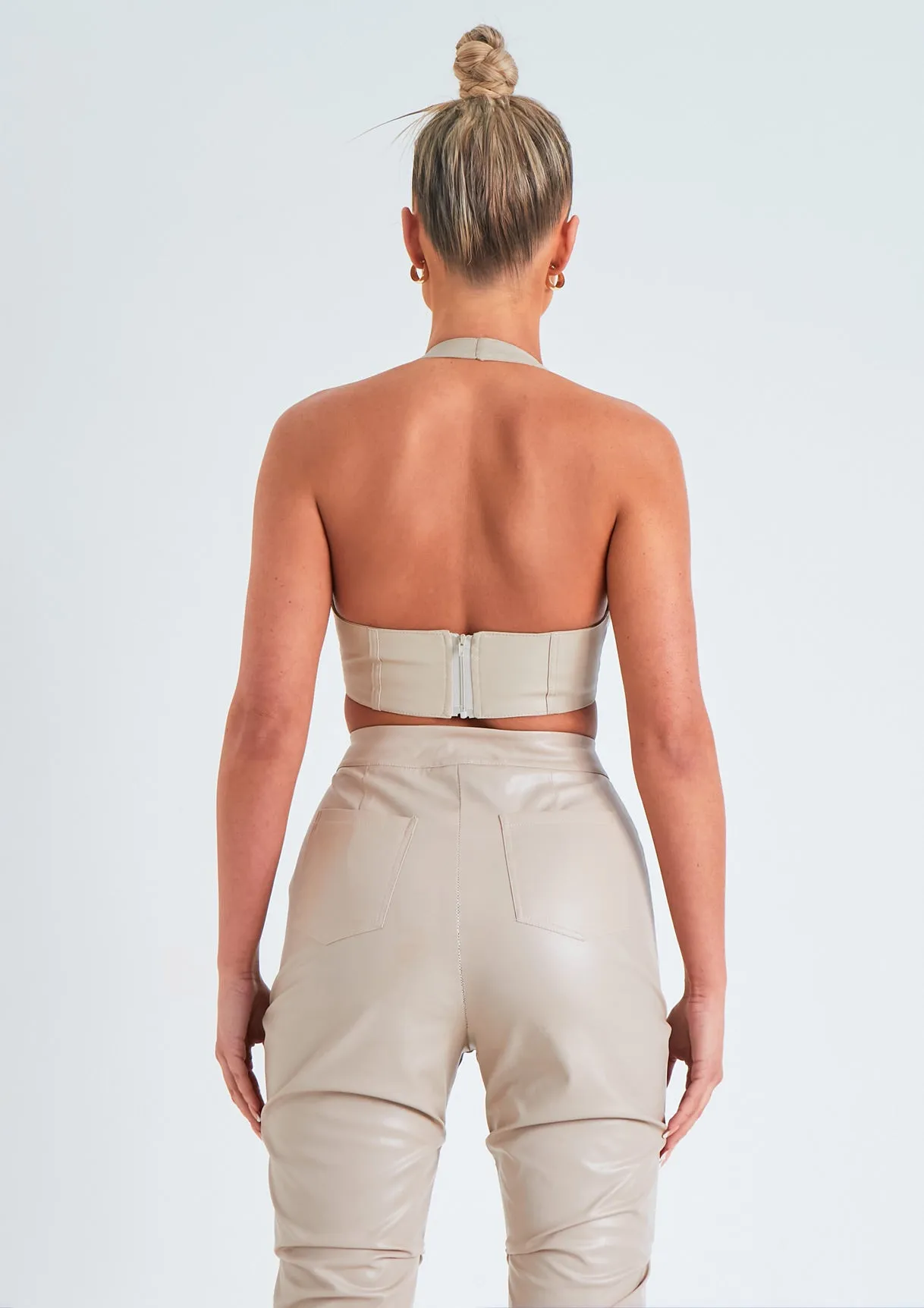 Romy Beige PU Cropped Corset Halterneck Top sold by Missy Empire product image thumbnail 3