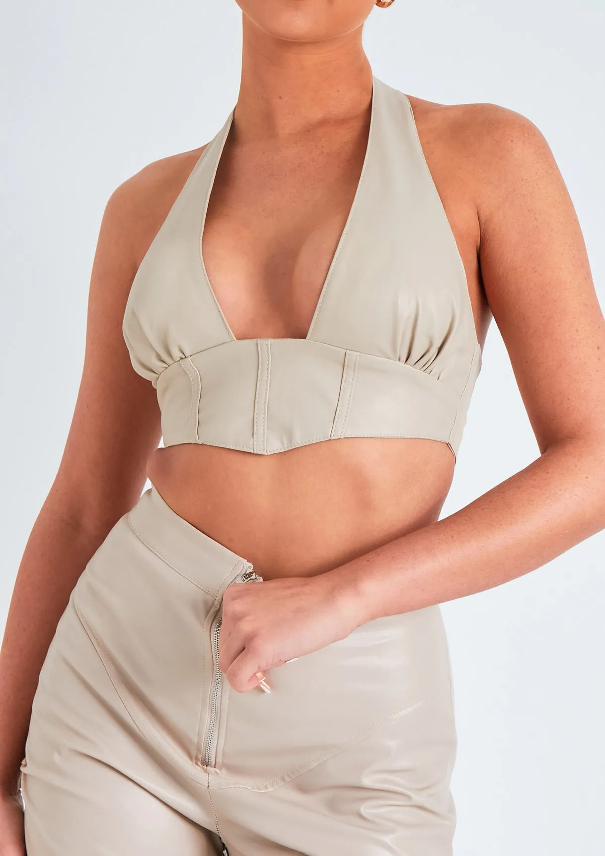 Romy Beige PU Cropped Corset Halterneck Top sold by Missy Empire product image thumbnail 2