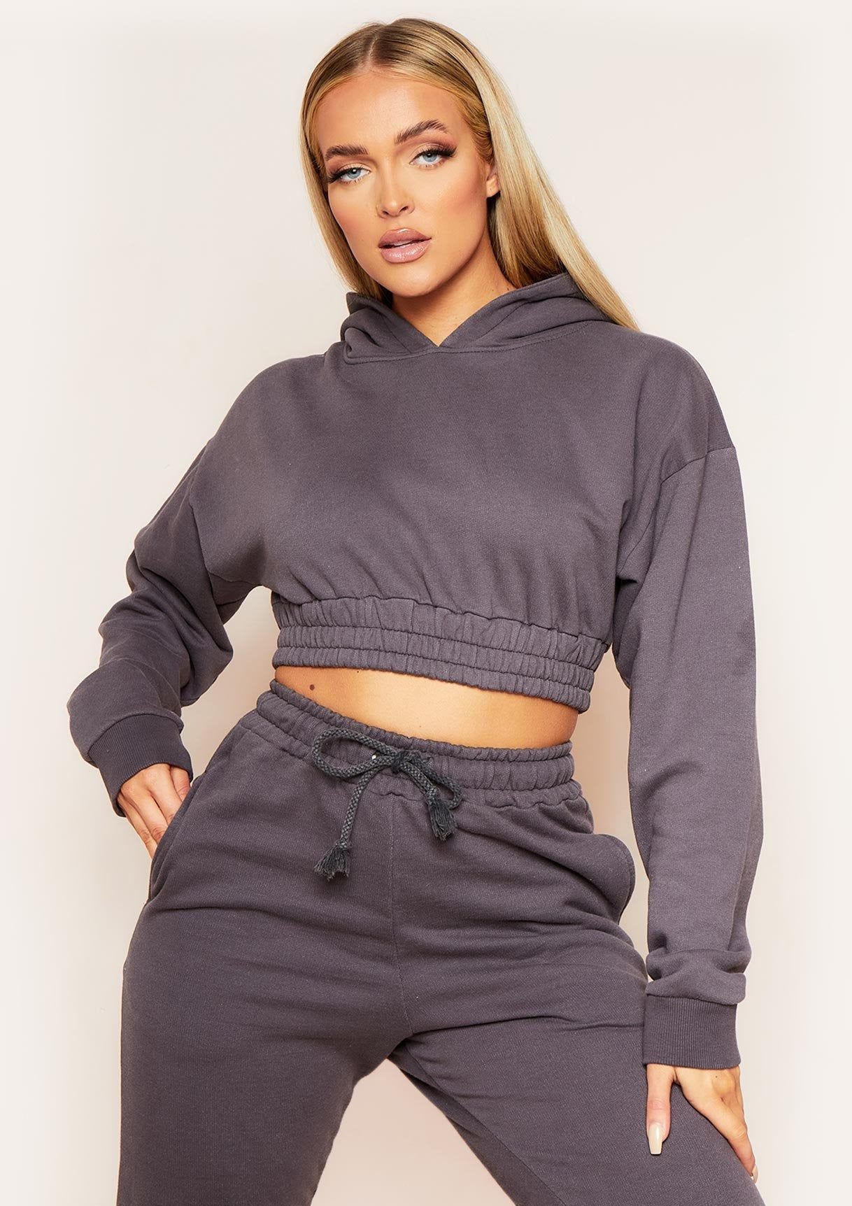 Hannah Charcoal Cropped Elasticated Hem Hoodie sold by Missy Empire