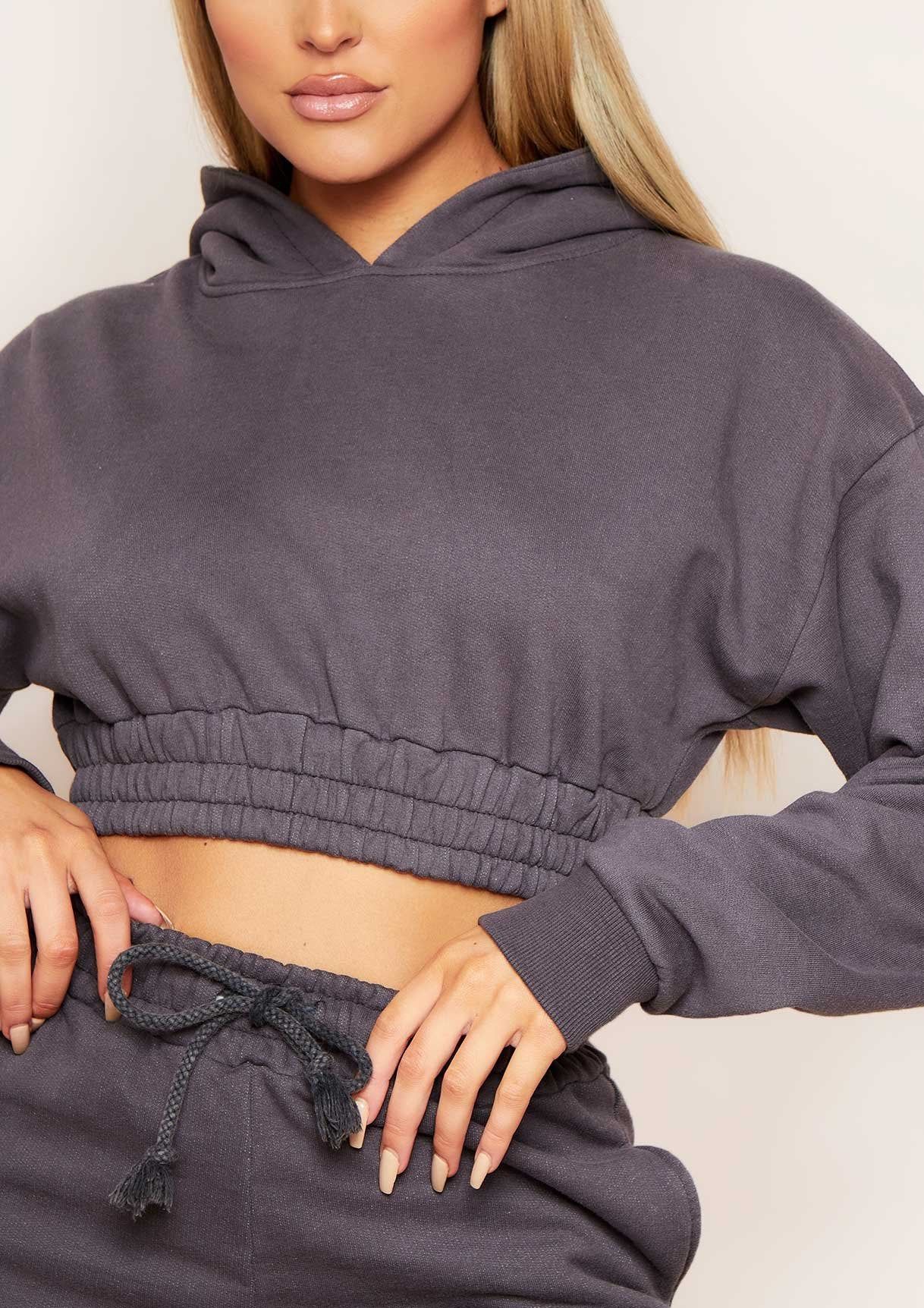 Hannah Charcoal Cropped Elasticated Hem Hoodie sold by Missy Empire product image thumbnail 3
