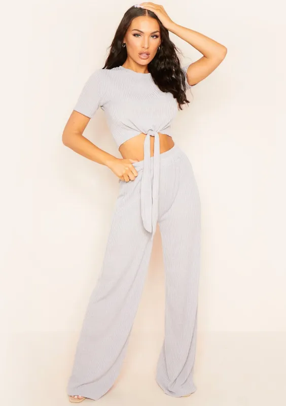 Lisa Grey Tie Front Crop Top And Wide Leg Trouser Ribbed Co-Ord sold by Missy Empire